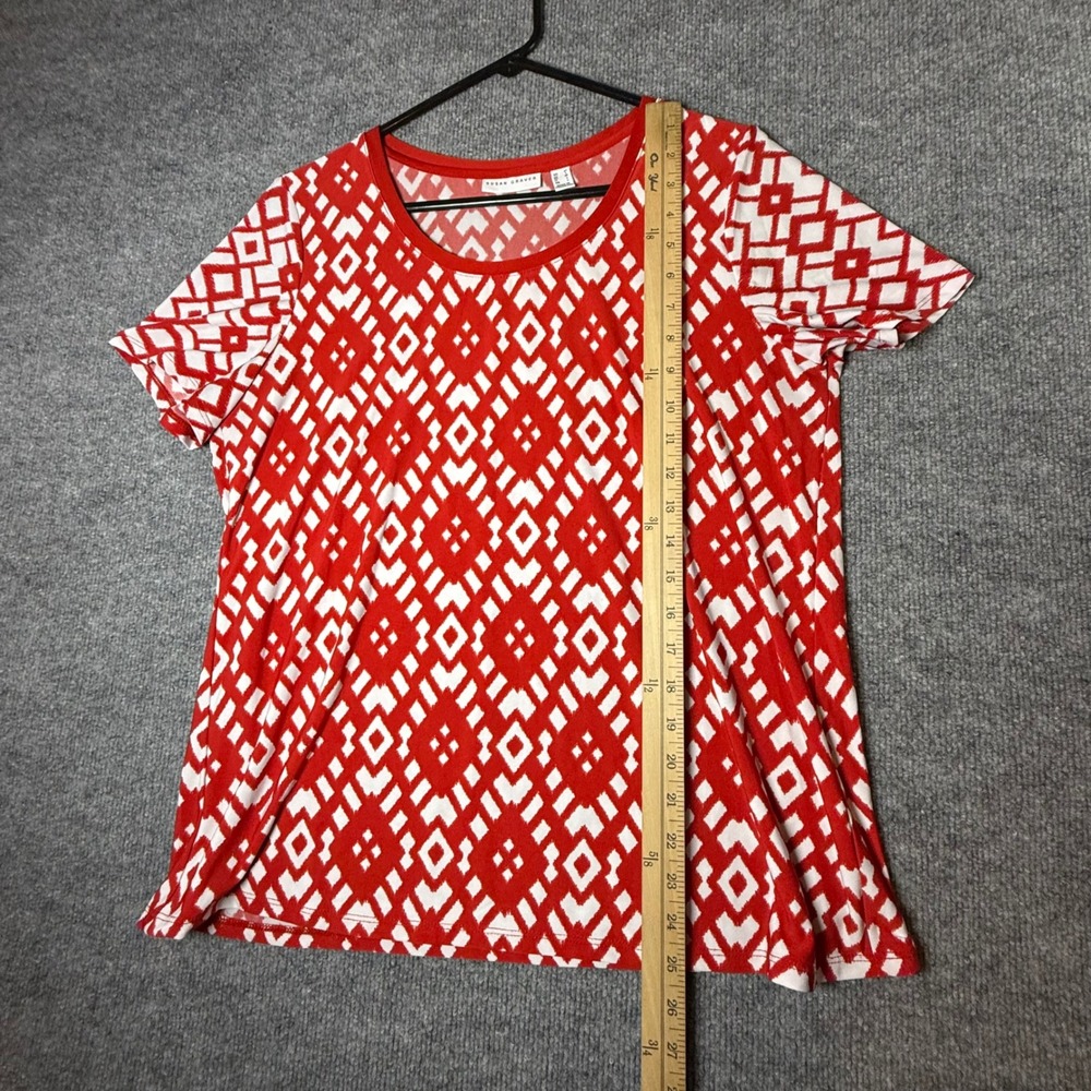 Susan Graver Red White Geometric Ikat Diamond Liquid Knit Scoop Neck Top Medium - Picture 6 of 6